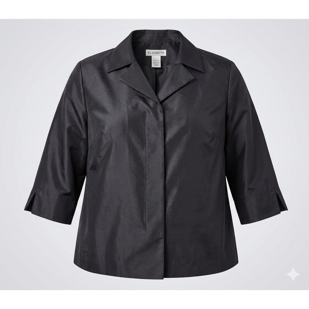 ELiSABETH 100% Silk 3/4 Sleeve Boxy Cropped Shirt Black Womens 16 Chic Vintage